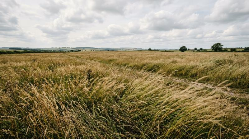 A wide open field with natural grasses bending in the wind, earthy textures, distant horizon, quiet rural stillness under soft daylight, ultra-realistic, no logos.