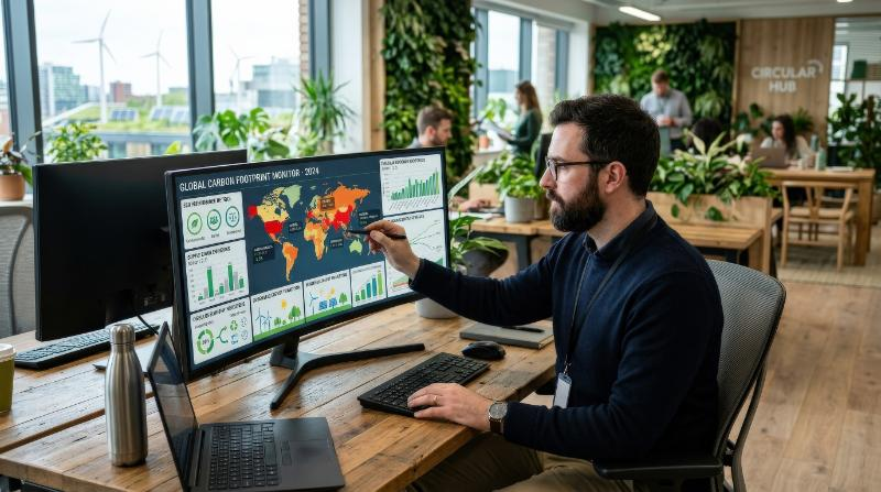 A sustainability manager monitoring global carbon footprint with ESG icons and green industry visuals on a digital dashboard, circular economy atmosphere, ultra-realistic, no logos.