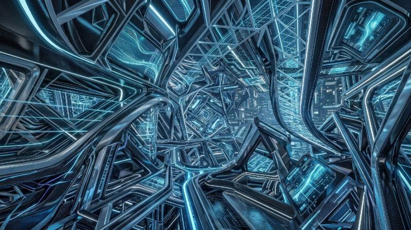 An abstract futuristic design with sleek surfaces and modern technology cues, immersive high-tech atmosphere, ultra-realistic, no logos.