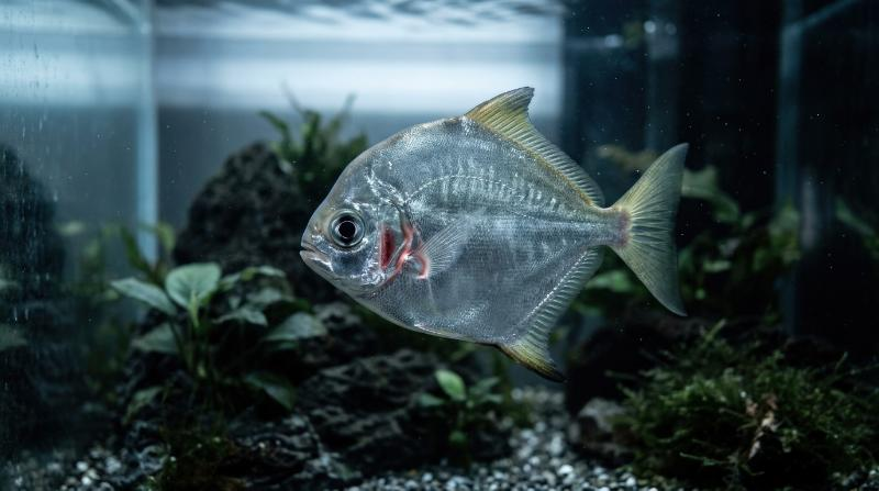 A silvery fish with a steep forehead and large eye swimming in an aquarium, cool monochrome light through glass, subtle red near the gill and quiet underwater elegance, ultra-realistic, no logos.