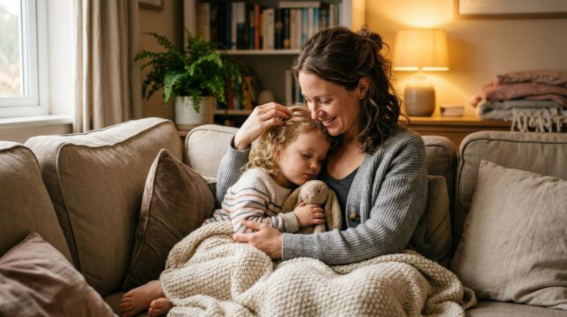 A mother and child sharing a quiet moment in a cozy indoor setting, soft textures, warm light and intimate family comfort, ultra-realistic, no logos.