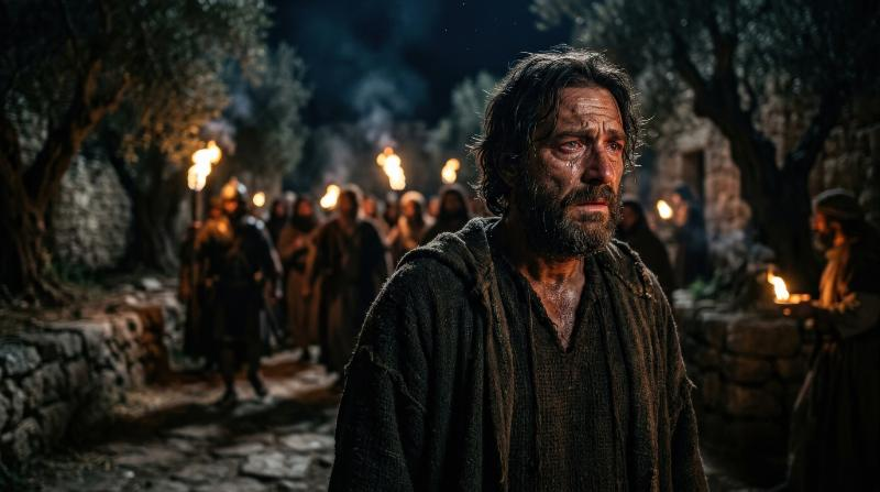 A tearful man gazing into the distance, blurred figures and torchlight behind him suggesting betrayal, textured face and sorrowful expression in a dark biblical atmosphere, ultra-realistic, no logos.