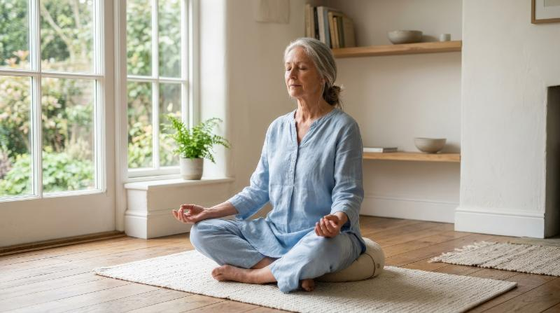 A senior woman meditating at home, calm interior, cross-legged posture, soft natural light and uncluttered surroundings, peaceful introspective yoga atmosphere, ultra-realistic, no logos.