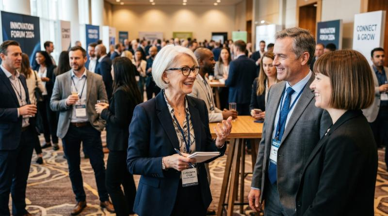 A smiling senior female business expert wearing eyeglasses while discussing with colleagues at a networking event in a convention center, elegant attire, warm ambient light, ultra-realistic, no logos.