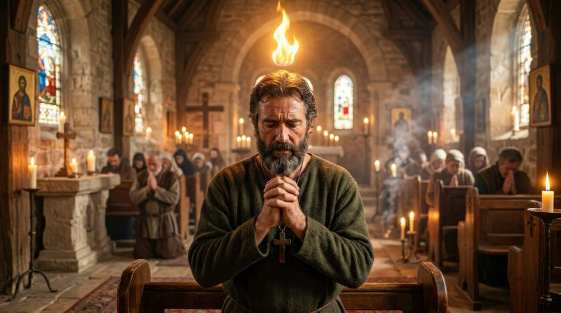A man experiencing Pentecost with a flame resting above his head, still posture, warm luminous air and a solemn Christian holiday atmosphere, ultra-realistic, no logos.