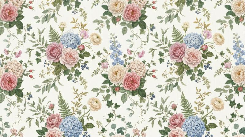 A seamless floral pattern with elegant blossoms and leafy rhythm, delicate decorative atmosphere, ultra-realistic, no logos.