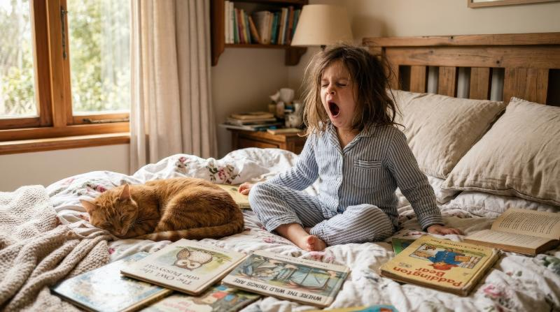 A sleepy child with messy hair in pajamas yawning while sitting in bed beside a cat, surrounded by scattered books in a cozy morning bedroom, warm window light and soft homely calm, ultra-realistic,