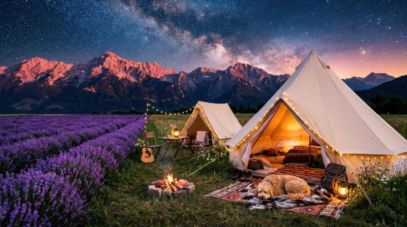 A dreamy camping scene by a lavender field, fluffy pet near tents, stars above, mountains at sunset, cozy magical atmosphere, ultra-realistic, no logos.