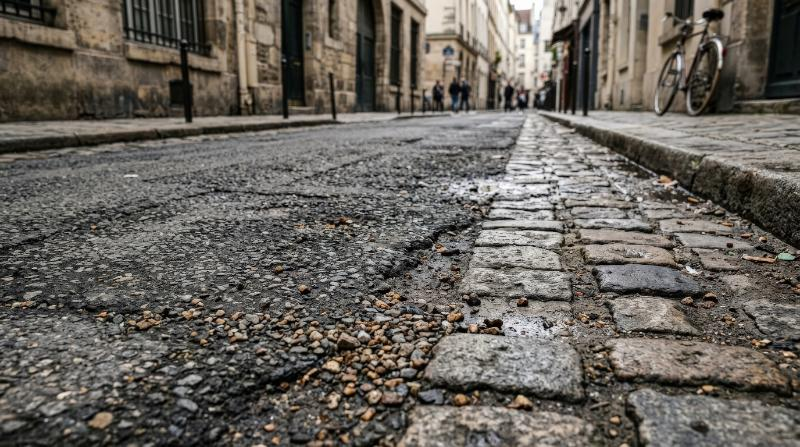 Detailed cobblestone and asphalt surface with gravel and stone grit, rugged street texture, realistic urban atmosphere, ultra-realistic, no logos.