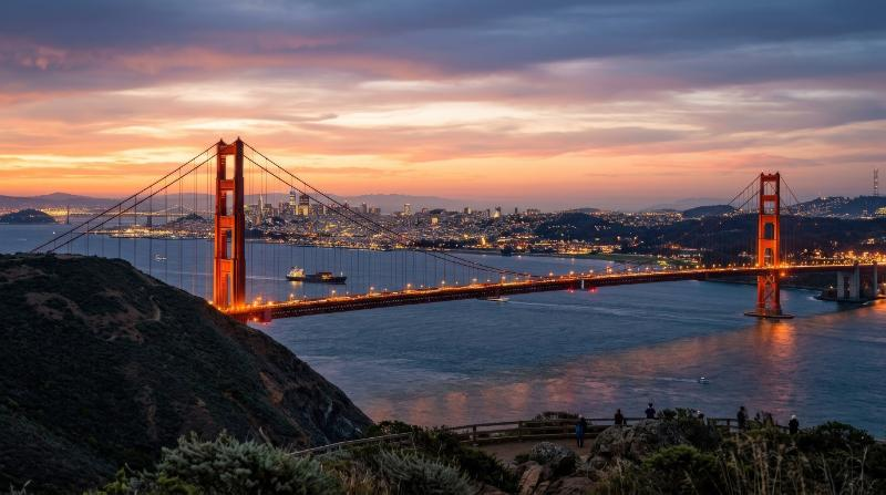 San Francisco's Golden Gate Bridge at sunset with the city in the background, glowing orange structure, layered hills, soft sky gradients, iconic cinematic atmosphere, ultra-realistic, no logos.