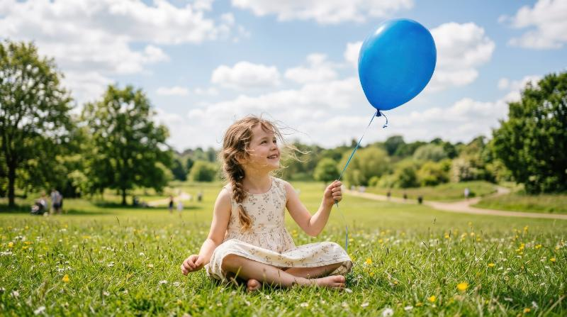 A girl sitting on fresh grass holding a blue balloon, soft summer dress, gentle breeze, open park setting, bright daylight and a dreamy playful mood, ultra-realistic, no logos.