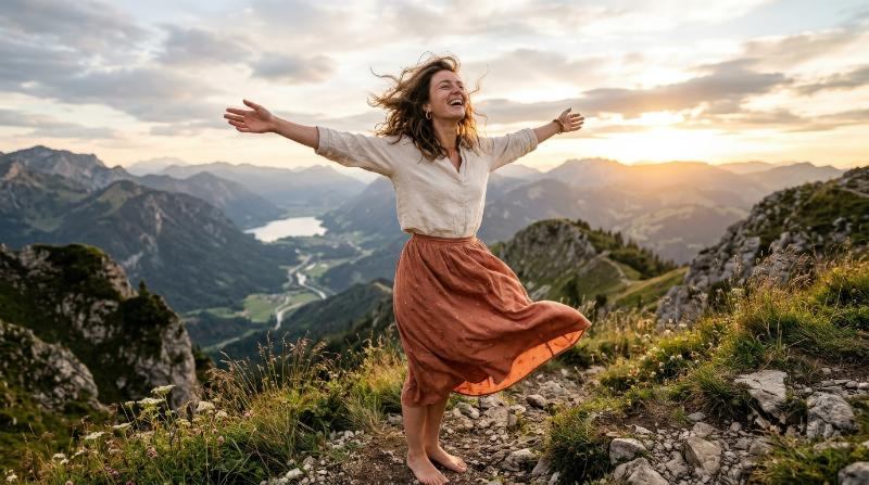 A woman in a gesture of freedom and happiness, open arms, wind in clothing, bright natural setting, uplifting and liberated atmosphere, ultra-realistic, no logos.