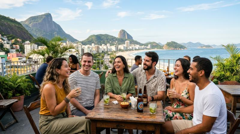 A group of friends enjoying a summer afternoon outdoors in Rio de Janeiro, relaxed laughter, sunny sky, casual clothing, vibrant urban-tropical backdrop, ultra-realistic, no logos.