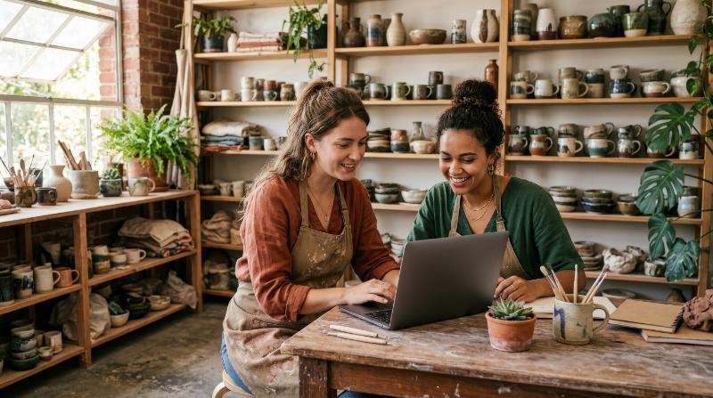 Young female ceramists using a laptop together in their store, handmade pottery on shelves, earthy textures, natural studio light and creative entrepreneurial atmosphere, ultra-realistic, no logos.