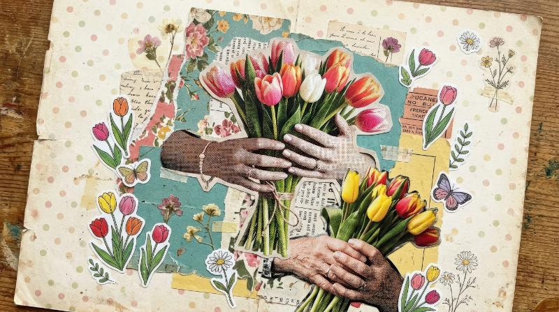 A halftone collage set of hands holding bouquets of tulips, layered paper clipping shapes, spring floral stickers and soft dotted vintage charm, ultra-realistic, no logos.