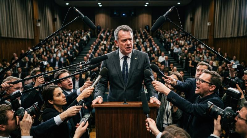A press conference in an auditorium, journalists with microphones interviewing a suited politician, public speaking tension, ultra-realistic, no logos.