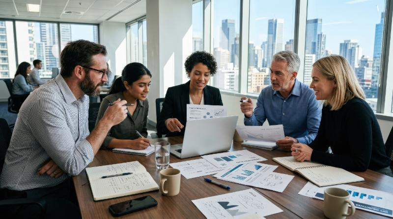A group of professionals brainstorming around a laptop at a business meeting, notebooks and printed ideas spread across the table, modern office background with clean lines, bright daylight and