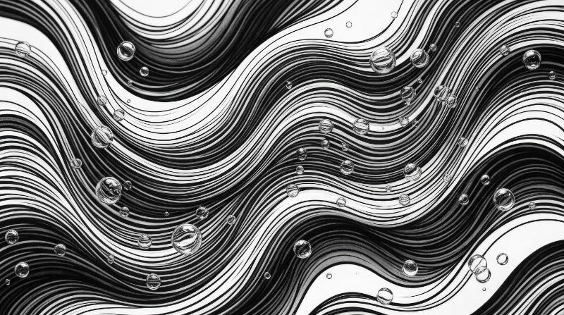 A black and white abstract wave pattern accented with floating bubbles, crisp contrast, fluid rhythm and refined modern style, ultra-realistic, no logos.
