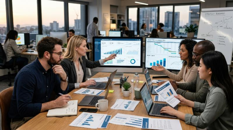 A data analysis workspace with people studying graphs and business reports, financial diagrams on screens, strategic teamwork mood, ultra-realistic, no logos.
