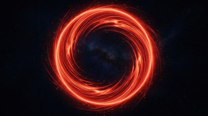 An abstract red energy ring made of smooth plasma lines on dark background, glowing circular motion and powerful sci-fi calm, ultra-realistic, no logos.