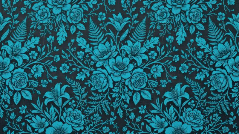 A floral cyan silhouette pattern with layered blossoms and botanical forms, crisp contrast, rhythmic composition and refined artistic mood, ultra-realistic, no logos.