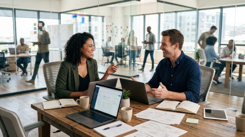 Smiling male and female entrepreneurs discussing ideas in an office meeting, laptops and notebooks on the table, glass partitions, bright collaborative light, optimistic startup mood, ultra-realistic,