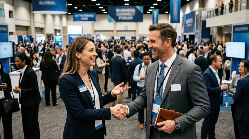 Happy male and female business professionals networking at a convention center, business attire, lively hall, handshake and conversation, ambitious social atmosphere, ultra-realistic, no logos.