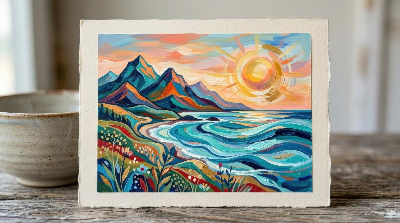 A colorful abstract landscape card with mountain peak, sun and sea, modern peaceful scenery, artistic contemporary atmosphere, ultra-realistic, no logos.