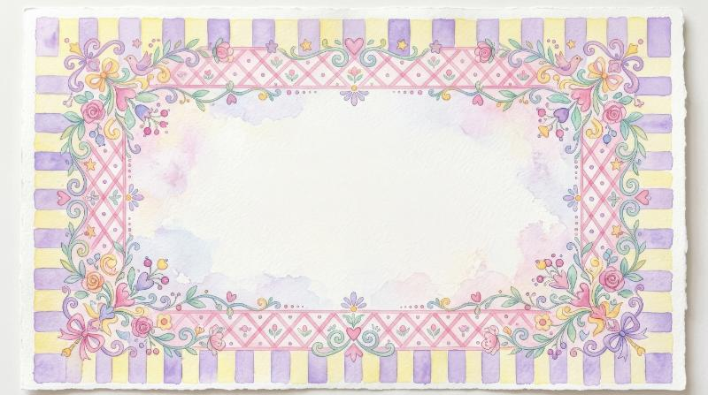 Whimsical watercolor background frames with light yellow and violet stripes and a pink diamond pattern, delicate pastel washes and playful symmetry, dreamy decorative atmosphere, ultra-realistic, no