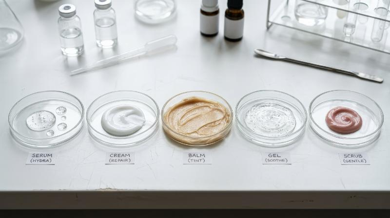 A collection of cosmetic textures on petri dishes, clear face serum drops, smooth white cream and beige balm smear, organized beauty-routine laboratory aesthetic, ultra-realistic, no logos.