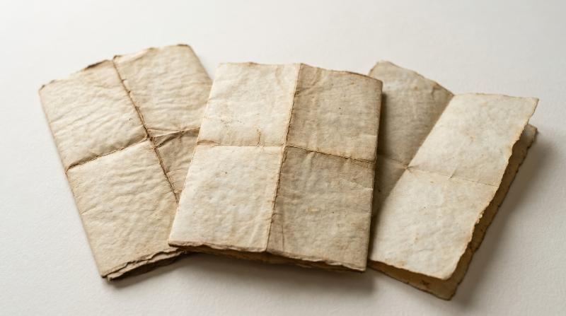 Folded aged paper sheets in warm beige tones, visible creases and soft parchment texture isolated cleanly, nostalgic archival stationery mood, ultra-realistic, no logos.