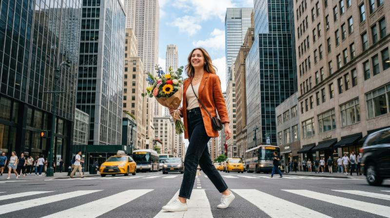 A happy young woman crossing a city street with a flower bouquet, towering buildings around her and vibrant urban optimism, ultra-realistic, no logos.