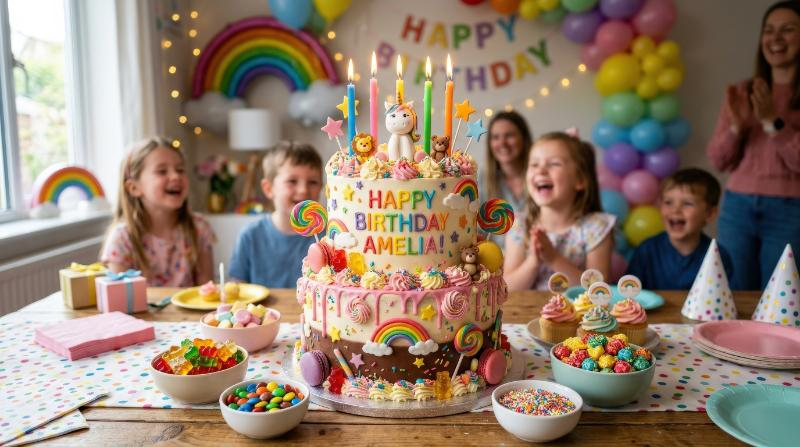 A playful birthday cake set with layered cakes, candles, frosting swirls, and festive sweets, cheerful details, bright celebratory atmosphere, ultra-realistic, no logos.