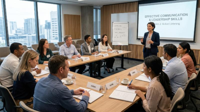 A group training session developing soft skills for business professionals, attentive participants seated in a modern room, notebooks open, facilitator speaking, balanced indoor light, supportive