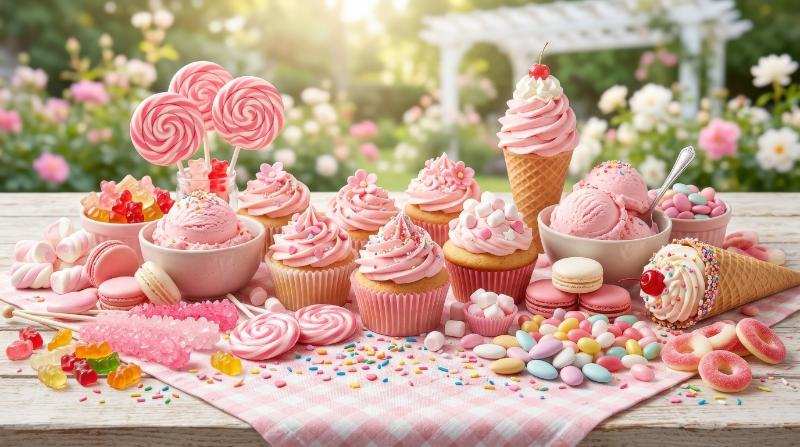 A seamless arrangement of ice cream, cupcakes and candy in sweet pastel pink tones, playful dessert textures and airy summer charm, bright cheerful mood, ultra-realistic, no logos.