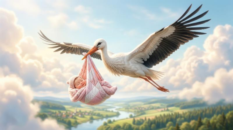A cute stork carrying a baby girl through a soft bright sky, delicate feathers, tender family theme and joyful celebratory mood, ultra-realistic, no logos.
