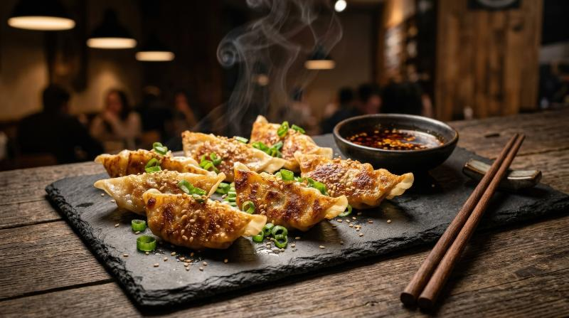 Crispy pan-fried dumplings garnished with fresh green onions, served with soy sauce and chopsticks on a dark slate plate, golden crust, appetizing steam and moody restaurant light, ultra-realistic, no