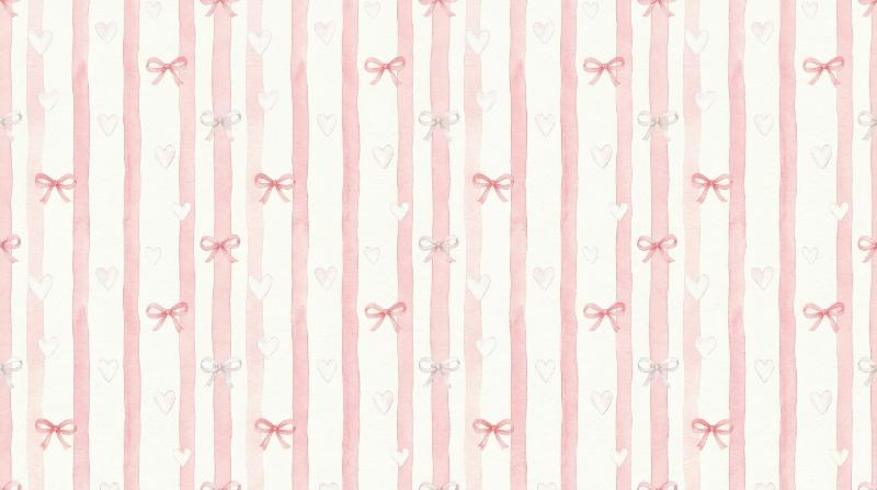 A simple sweet watercolor seamless pattern with pink vertical stripes, delicate white hearts and tiny bows, airy romantic texture for Valentine stationery, ultra-realistic, no logos.