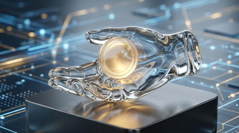 A liquid-glass icon of a hand offering a coin, crystal clarity, soft golden reflections and a polished payment-transfer atmosphere, ultra-realistic, no logos.