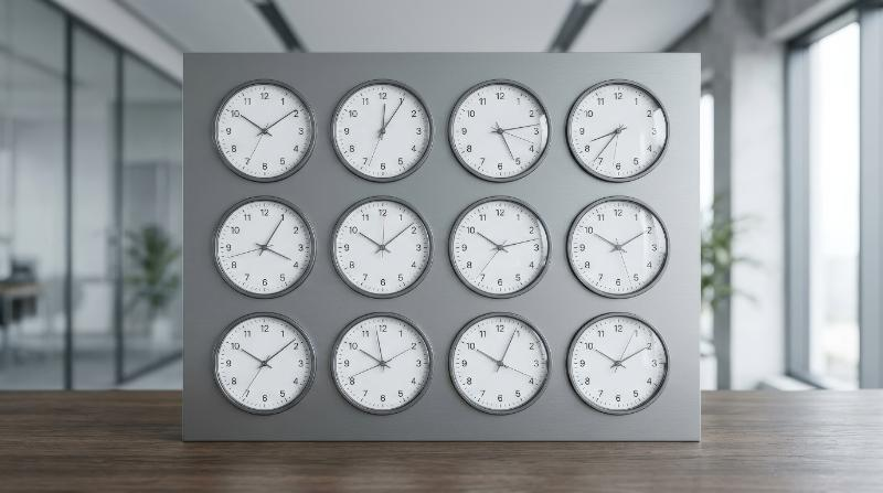 A set of thin-line clock icons with precise hands and circular faces, organized timekeeping concept, crisp modern atmosphere, ultra-realistic, no logos.