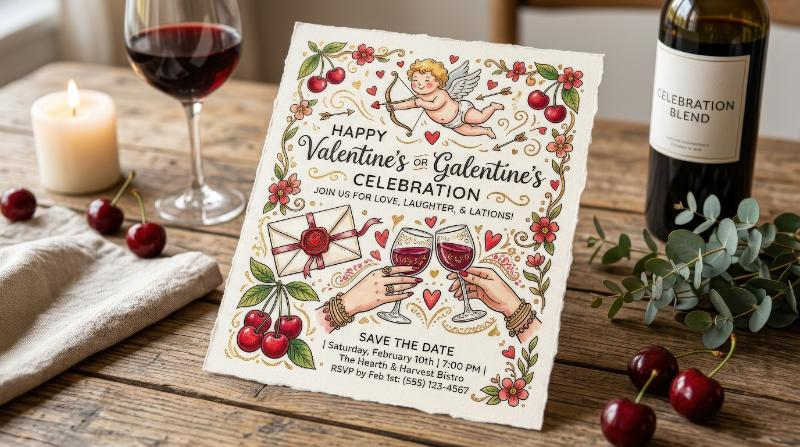 Happy Valentine’s or Galentine’s invitation cards with cupid, love letter, cherry, and hands with wine, whimsical hand-drawn charm and a stylish celebratory mood, ultra-realistic, no logos.