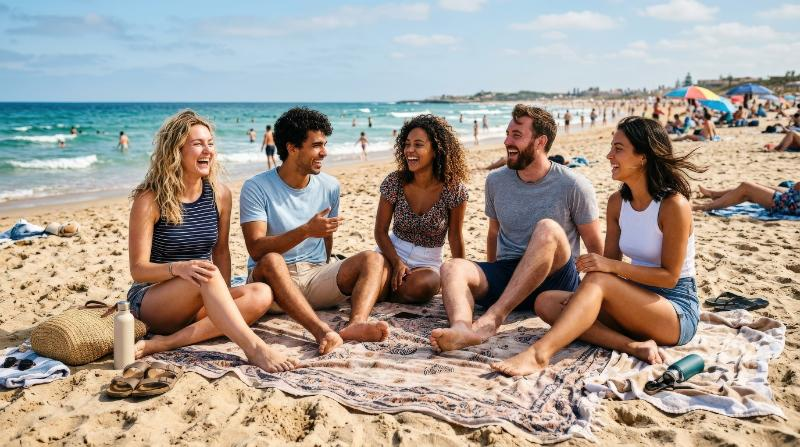 A group of friends enjoying a sunny day together on a beach, casual clothing, sand and sea, spontaneous smiles, cheerful summer mood, ultra-realistic, no logos.