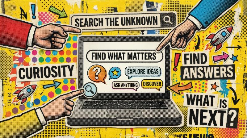A trendy search-themed pop-art collage with a halftone laptop, search bar and pointing hands on a textured yellow background, bold mixed-media digital curiosity, ultra-realistic, no logos.