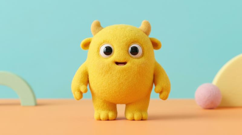 A yellow monster with rounded features, soft skin texture and curious expression, centered in a vivid minimal scene with playful charm, ultra-realistic, no logos.