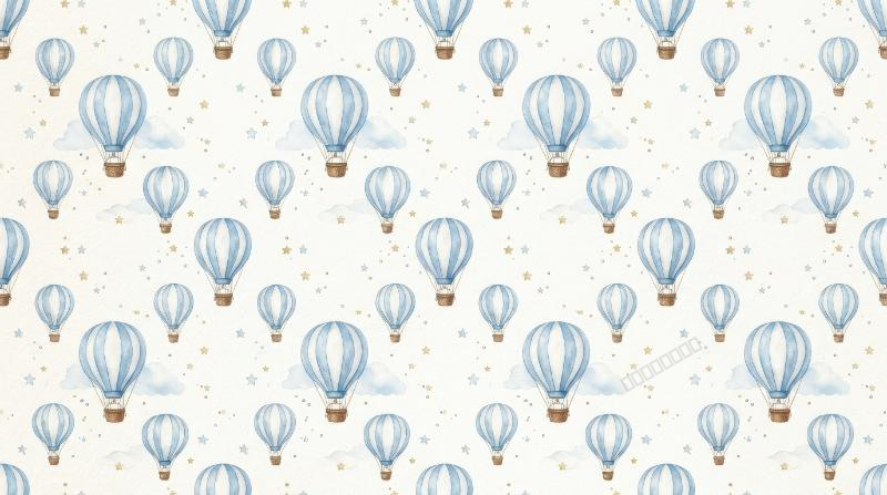A seamless watercolor pattern of blue striped hot air balloons and tiny stars, airy nursery design with soft whimsical motion, ultra-realistic, no logos.