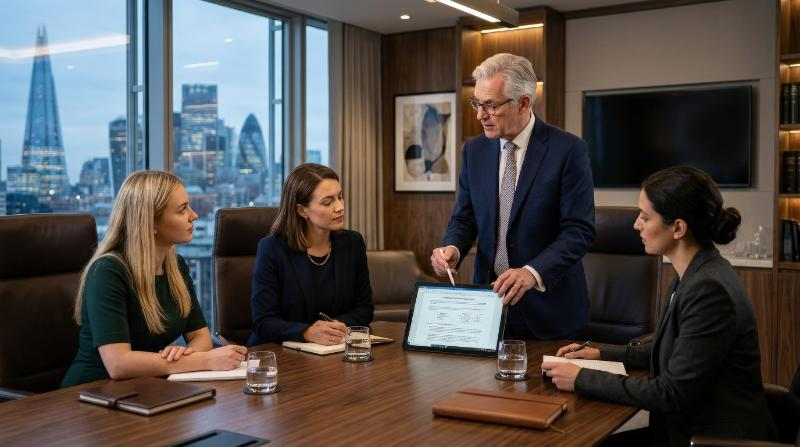 Senior law professional explaining a business agreement on a tablet PC to female colleagues in a board room office, attentive faces, premium interior, strategic formal atmosphere, ultra-realistic, no