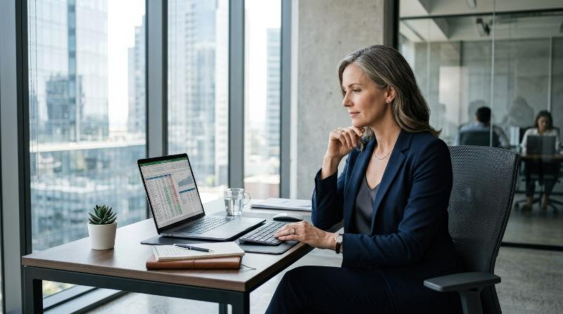 A thoughtful mature businesswoman working on a computer at a sleek desk in a modern office, calm posture, clean lines, subtle daylight, focused and sophisticated atmosphere, ultra-realistic, no logos.