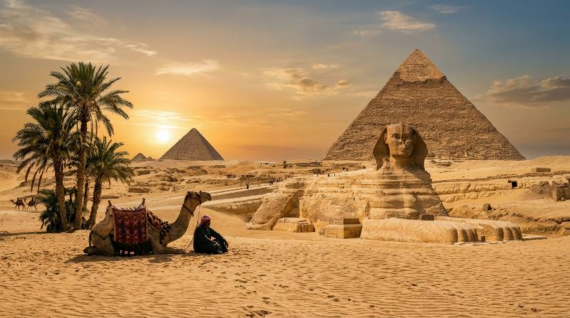 The Egyptian pyramids and Sphinx in a scenic desert landscape with a camel and palm tree, warm sand light, timeless travel atmosphere, ultra-realistic, no logos.