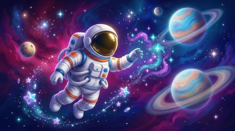 A cartoon-like astronaut exploring planets and stars in space, floating among glowing cosmic elements, deep celestial colors, adventurous dreamy mood, ultra-realistic, no logos.
