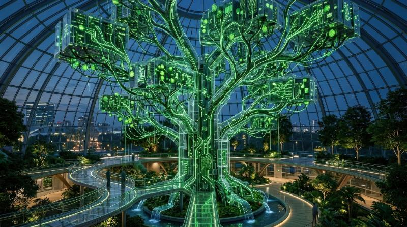 A sustainable AI server network growing like a digital plant, green circuitry branching across transparent hardware, eco-technology atmosphere, soft futuristic glow, ultra-realistic, no logos.